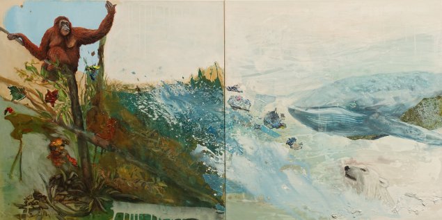 Land of Welcome, diptych, 110 x 110 cm x 2, acrylics and plastic on canvases, 2019